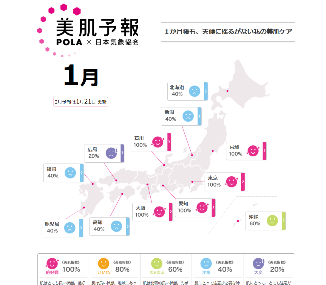 東京都の美肌指数は100%！2019年1月の美肌予報をチェック！